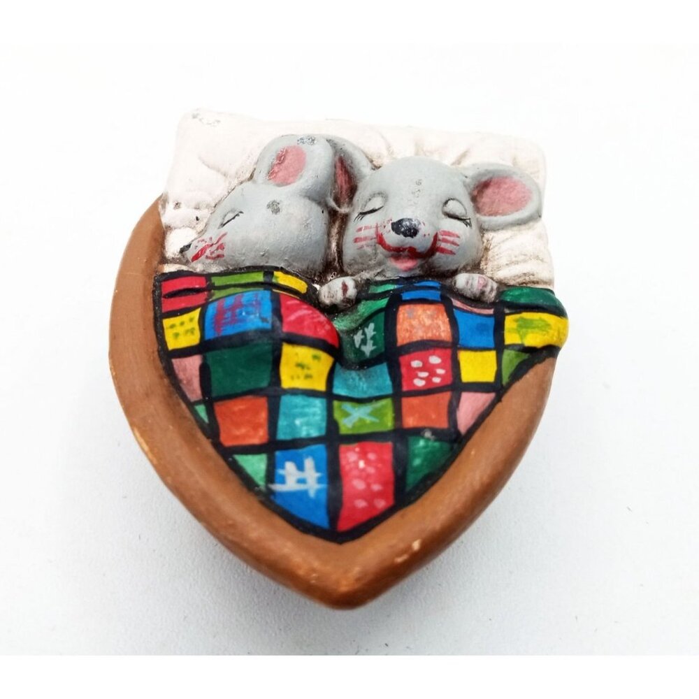 Mice Sleeping in Nut Shell Mouse Figurine Vintage 70s Duncan Ceramics Christmas